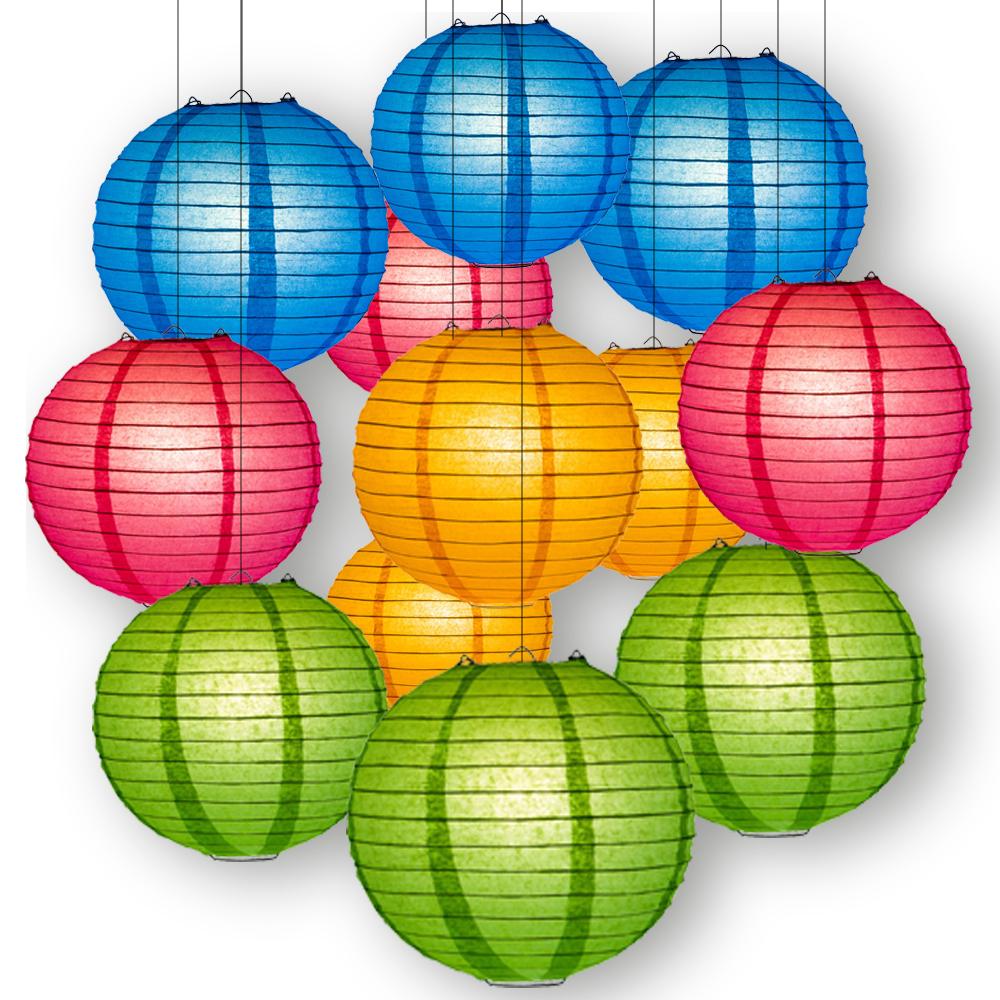 Tropical Celebration Party Pack Parallel Ribbed Paper Lantern Combo Set (12 pc Set) - AsianImportStore.com - B2B Wholesale Lighting and Decor
