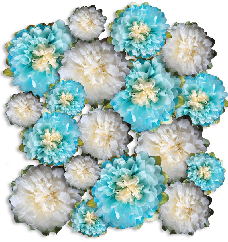 18-Pack Turquoise / Beige Multi-Color Tissue Paper Flower Decorations, EZ-Fluff - AsianImportStore.com - B2B Wholesale Lighting and Decor