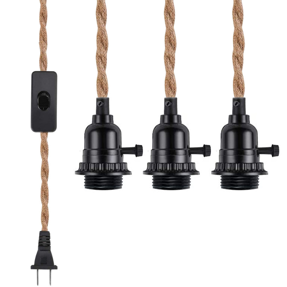 Jute Rope Triple Socket Black Pendant Light Lamp Cord for Lanterns, Switch, 19 FT