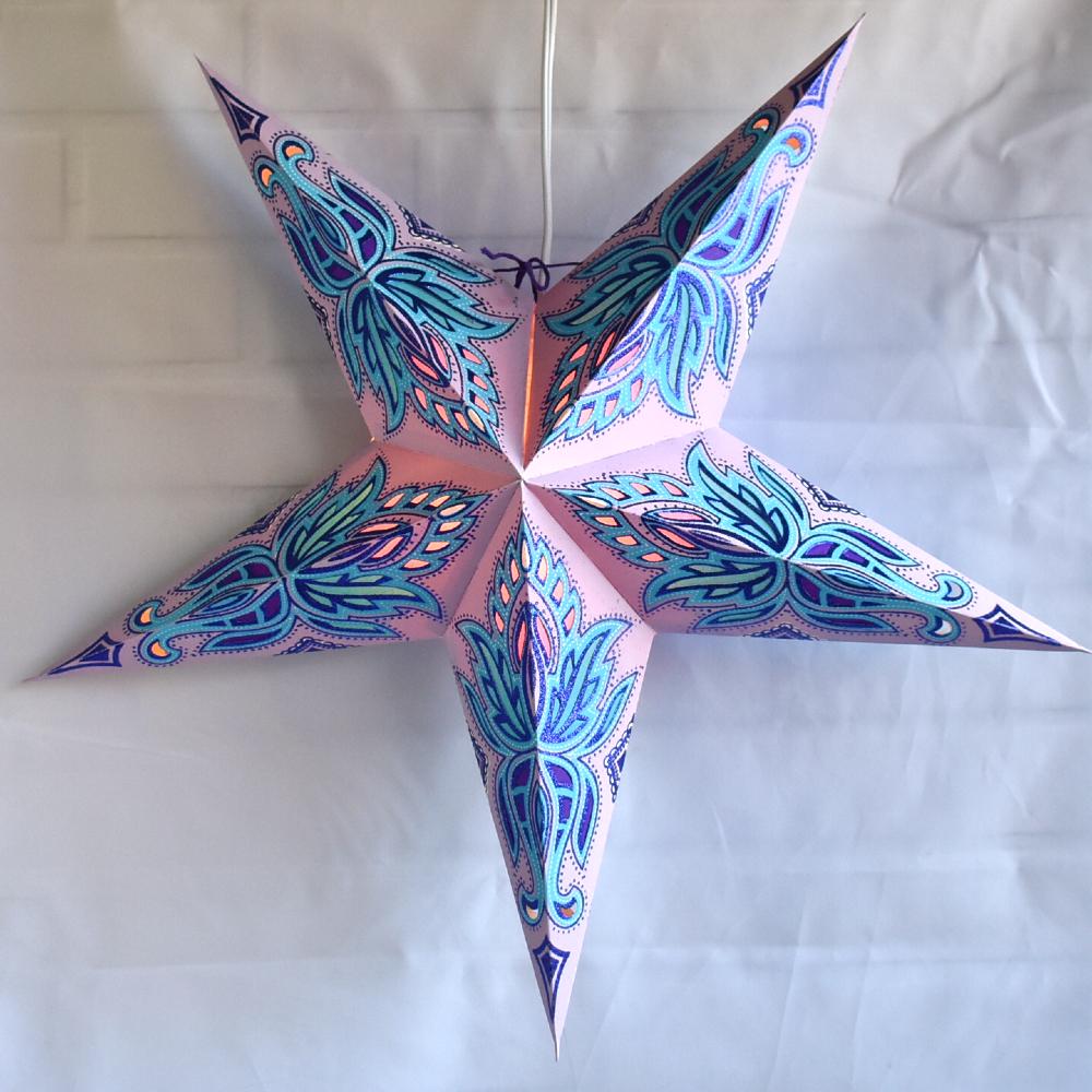 3-PACK + Cord | Lilac Purple Lotus Glitter 24" Illuminated Paper Star Lanterns and Lamp Cord Hanging Decorations - AsianImportStore.com - B2B Wholesale Lighting and Decor