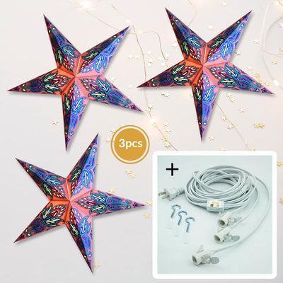 3-PACK + Cord | Lilac Purple Lotus Glitter 24" Illuminated Paper Star Lanterns and Lamp Cord Hanging Decorations - AsianImportStore.com - B2B Wholesale Lighting and Decor