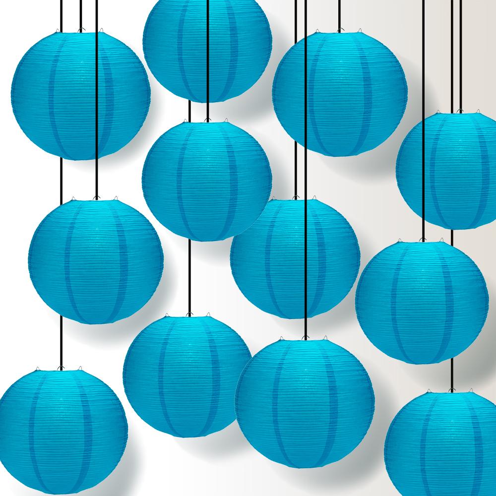 12 PACK | 12" Turquoise Blue Fine Line Premium Even Ribbing Paper Lantern, Extra Sturdy - AsianImportStore.com - B2B Wholesale Lighting and Decor