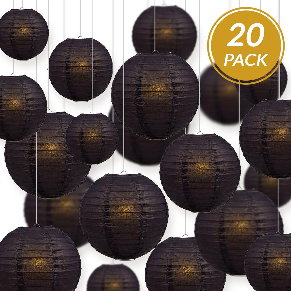 Ultimate 20pc Black Paper Lantern Party Pack - Assorted Sizes of 6, 8, 10, 12 for Weddings, Birthday, Events and Decor - AsianImportStore.com - B2B Wholesale Lighting and Decor