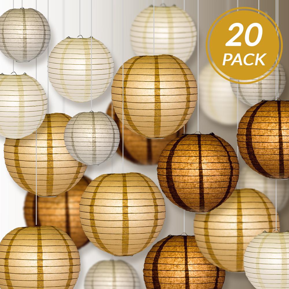 Ultimate 20-Piece Earthtone Variety Paper Lantern Party Pack - Assorted Sizes of 6", 8", 10", 12" (5 Round Lanterns Each) for Weddings and Decor - AsianImportStore.com - B2B Wholesale Lighting and Decor