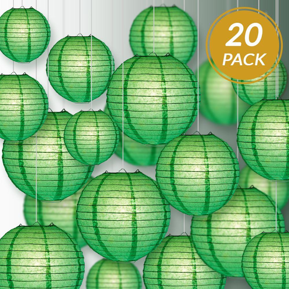 Ultimate 20pc Emerald Green Paper Lantern Party Pack - Assorted Sizes of 6, 8, 10, 12 for Weddings, Birthday, Events and Decor - AsianImportStore.com - B2B Wholesale Lighting and Decor