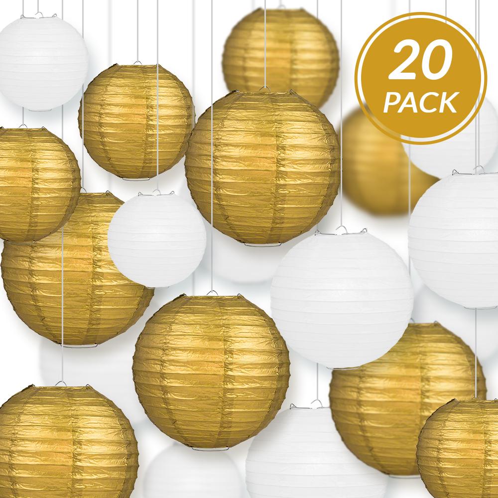 Ultimate 20-Piece Gold Variety Paper Lantern Party Pack - Assorted Sizes of 6", 8", 10", 12" (5 Round Lanterns Each) for Weddings, Events and Decor - AsianImportStore.com - B2B Wholesale Lighting and Decor