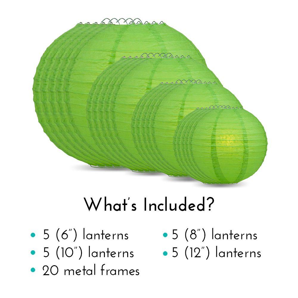 Ultimate 20pc Grass Green Paper Lantern Party Pack - Assorted Sizes of 6, 8, 10, 12 for Weddings, Birthday, Events and Decor - AsianImportStore.com - B2B Wholesale Lighting and Decor