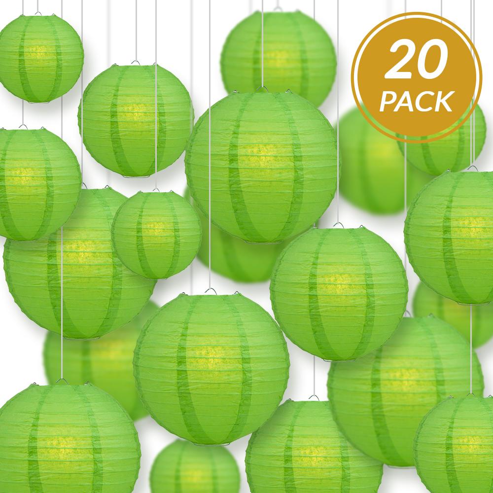 Ultimate 20pc Grass Green Paper Lantern Party Pack - Assorted Sizes of 6, 8, 10, 12 for Weddings, Birthday, Events and Decor - AsianImportStore.com - B2B Wholesale Lighting and Decor