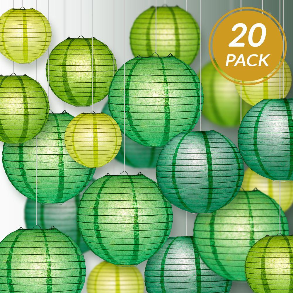 Ultimate 20-Piece Green Variety Paper Lantern Party Pack - Assorted Sizes of 6", 8", 10", 12" (5 Round Lanterns Each) for Weddings, Events and Decor - AsianImportStore.com - B2B Wholesale Lighting and Decor