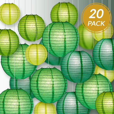 Ultimate 20-Piece Green Variety Paper Lantern Party Pack - Assorted Sizes of 6", 8", 10", 12" (5 Round Lanterns Each) for Weddings, Events and Decor - AsianImportStore.com - B2B Wholesale Lighting and Decor