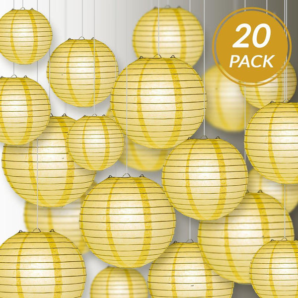 8" Lemon Yellow Chiffon Round Paper Lantern, Even Ribbing, Chinese Hanging Wedding & Party Decoration - AsianImportStore.com - B2B Wholesale Lighting and Decor