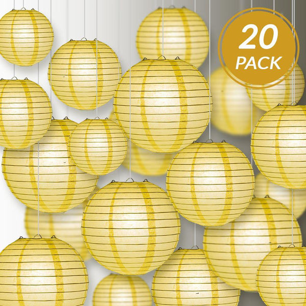 20" Lemon Yellow Chiffon Round Paper Lantern, Even Ribbing, Chinese Hanging Wedding & Party Decoration - AsianImportStore.com - B2B Wholesale Lighting and Decor
