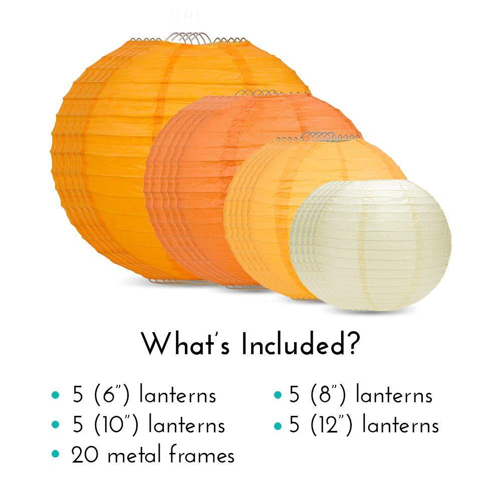 Ultimate 20-Piece Orange Variety Paper Lantern Party Pack - Assorted Sizes of 6", 8", 10", 12" (5 Round Lanterns Each) for Weddings, Events and Decor - AsianImportStore.com - B2B Wholesale Lighting and Decor