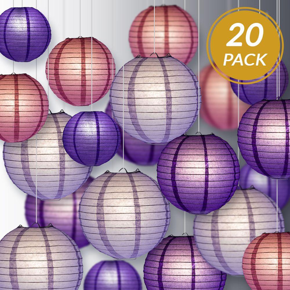 Ultimate 20-Piece Purple Variety Paper Lantern Party Pack - Assorted Sizes of 6", 8", 10", 12" (5 Round Lanterns Each) for Weddings, Birthday, Events and Decor - AsianImportStore.com - B2B Wholesale Lighting and Decor