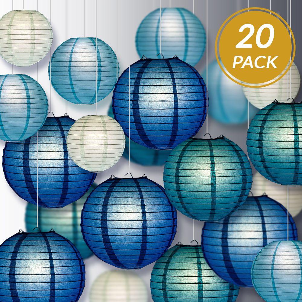 Ultimate 20-Piece Sea Blue Variety Paper Lantern Party Pack - Assorted Sizes - 6", 8", 10", 12" (5 Round Lanterns Each) for Weddings, Events and Decor - AsianImportStore.com - B2B Wholesale Lighting and Decor