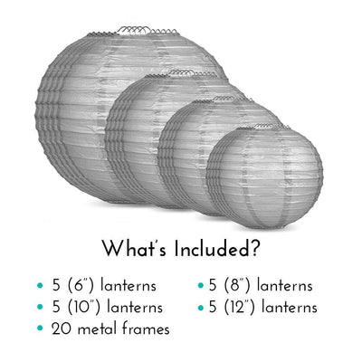 Ultimate 20pc Silver Paper Lantern Party Pack - Assorted Sizes of 6, 8, 10, 12 for Weddings, Birthday, Events and Decor - AsianImportStore.com - B2B Wholesale Lighting and Decor