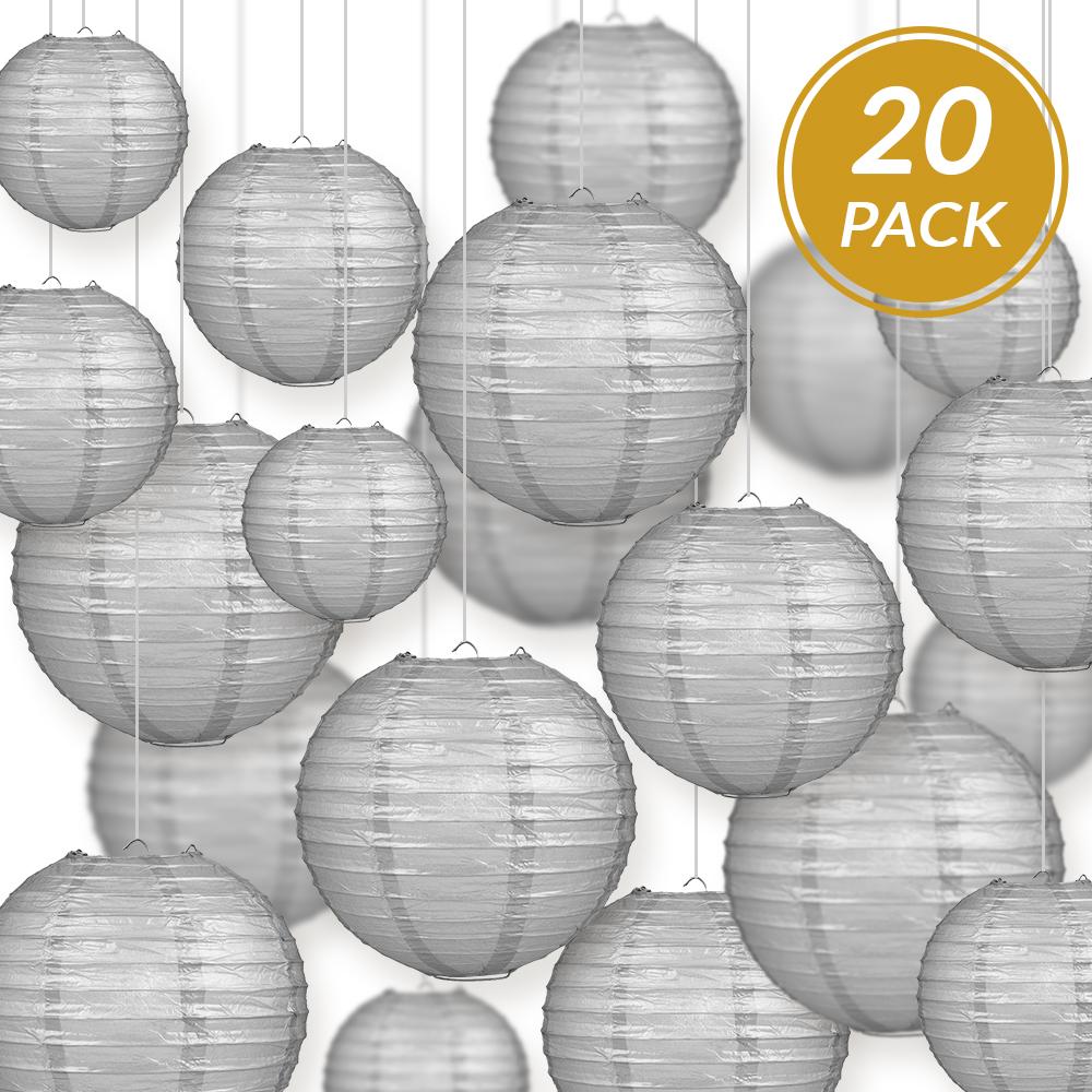 Ultimate 20pc Silver Paper Lantern Party Pack - Assorted Sizes of 6, 8, 10, 12 for Weddings, Birthday, Events and Decor - AsianImportStore.com - B2B Wholesale Lighting and Decor