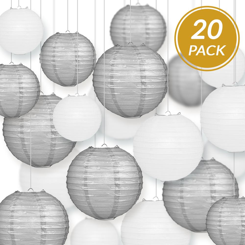 Ultimate 20-Piece Silver Variety Paper Lantern Party Pack - Assorted Sizes of 6", 8", 10", 12" (5 Round Lanterns Each) for Weddings, Events and Decor - AsianImportStore.com - B2B Wholesale Lighting and Decor