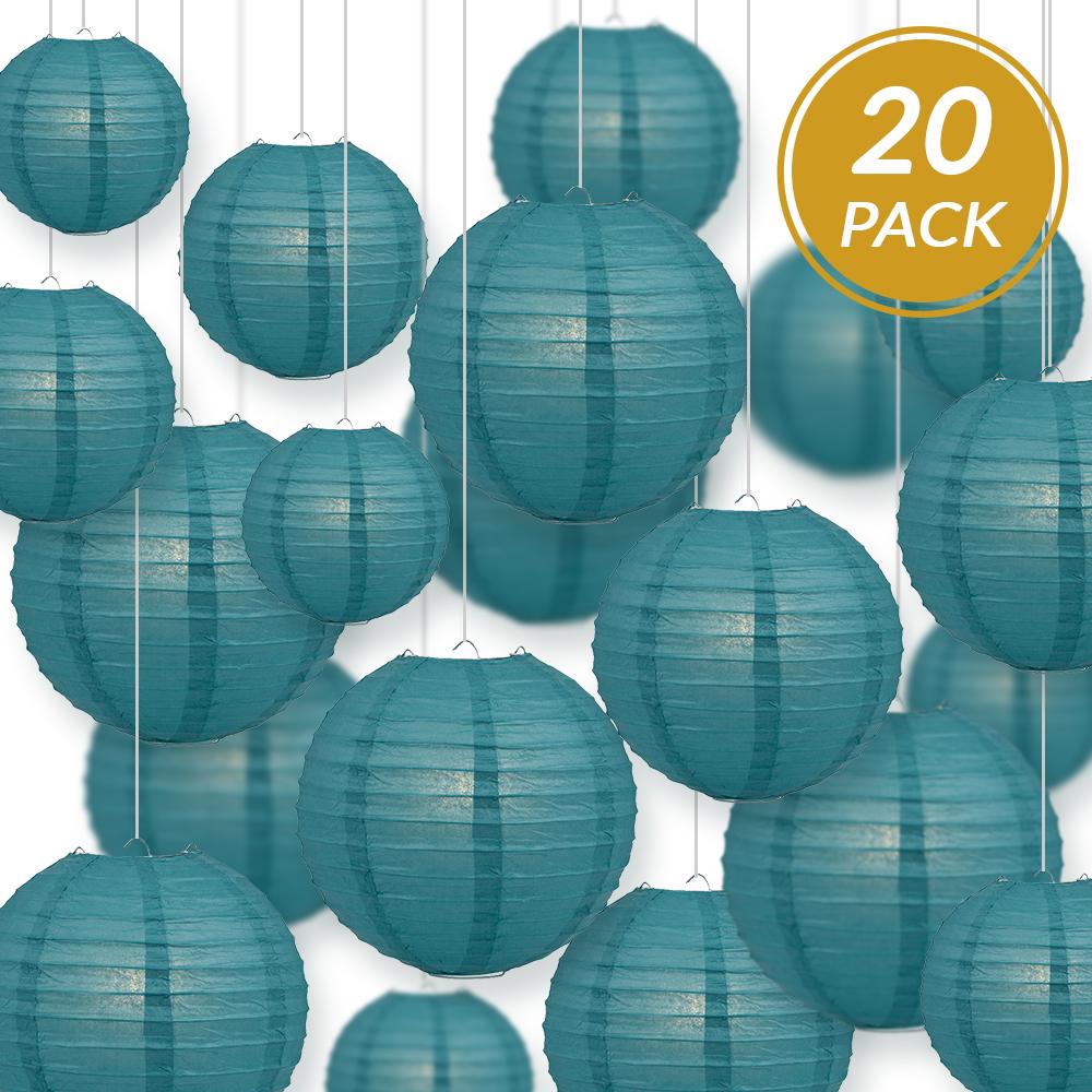 Ultimate 20pc Tahiti Teal Paper Lantern Party Pack - Assorted Sizes of 6, 8, 10, 12 for Weddings, Birthday, Events and Decor - AsianImportStore.com - B2B Wholesale Lighting and Decor