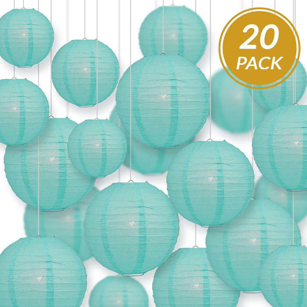 Ultimate 20pc Water Blue Paper Lantern Party Pack - Assorted Sizes of 6, 8, 10, 12 for Weddings, Birthday, Events and Decor - AsianImportStore.com - B2B Wholesale Lighting and Decor