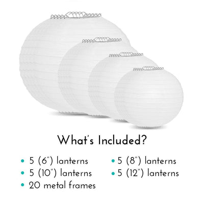 Ultimate 20pc White Paper Lantern Party Pack - Assorted Sizes of 6, 8, 10, 12 for Weddings, Birthday, Events and Decor - AsianImportStore.com - B2B Wholesale Lighting and Decor