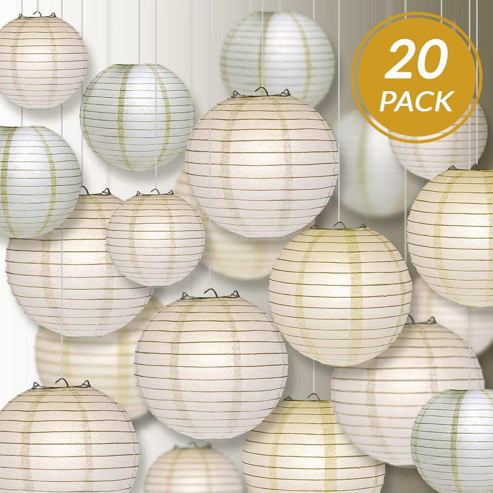 Ultimate 20-Piece White Variety Paper Lantern Party Pack - Assorted Sizes of 6", 8", 10", 12" (5 Round Lanterns Each) for Weddings, Events and Decor - AsianImportStore.com - B2B Wholesale Lighting and Decor