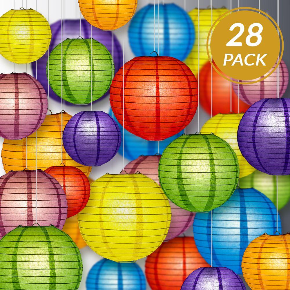Ultimate 28-Piece Rainbow Variety Paper Lantern Party Pack - Assorted Sizes of 6", 8", 10", 12" (7 Round Lanterns Each) for Weddings, Events and Decor - AsianImportStore.com - B2B Wholesale Lighting and Decor