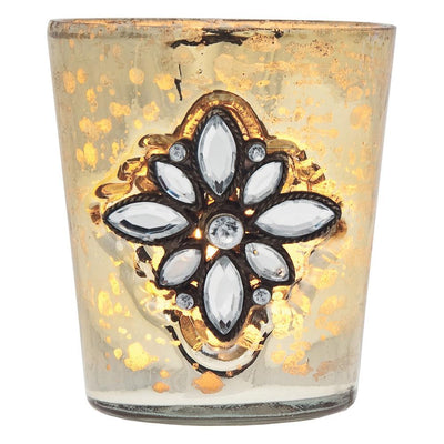 (Discontinued) (20 PACK) Vintage Bejeweled Mercury Glass Candle Holder (3-Inch, Tiffany Design, Gold) - For Use with Tea Lights - Home Decor, Parties, and Wedding Decorations