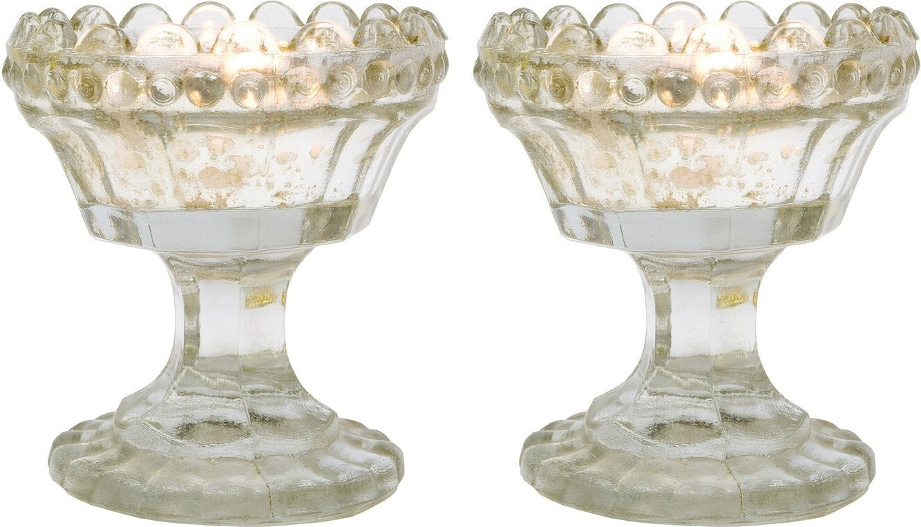 2 PACK | Vintage Mercury Glass Candle Holder (3-Inch, Charlene Chalice Design, Silver) - For Use with Tea Lights - For Home Decor, Parties, and Wedding Decorations - AsianImportStore.com - B2B Wholesale Lighting & Decor since 2002