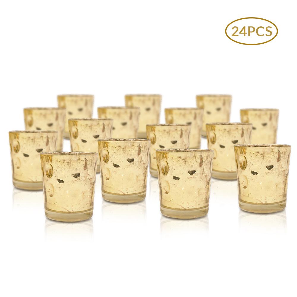 24 Pack | Vintage Mercury Glass Candle Holders (3-Inch, Tess Design, Gold) - for use with Tea Lights - for Home Décor, Parties and Wedding Decorations - AsianImportStore.com - B2B Wholesale Lighting and Decor