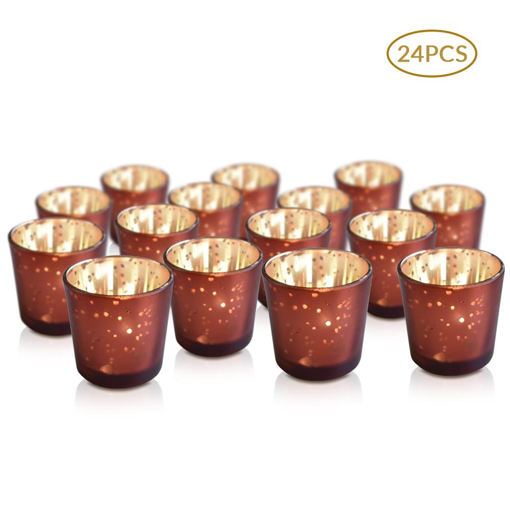 24 Pack | Vintage Mercury Glass Candle Holders (2.5-Inch, Lila Design, Liquid Motif, Rustic Copper Red) - For Use with Tea Lights - For Parties, Weddings and Homes - AsianImportStore.com - B2B Wholesale Lighting & Decor since 2002