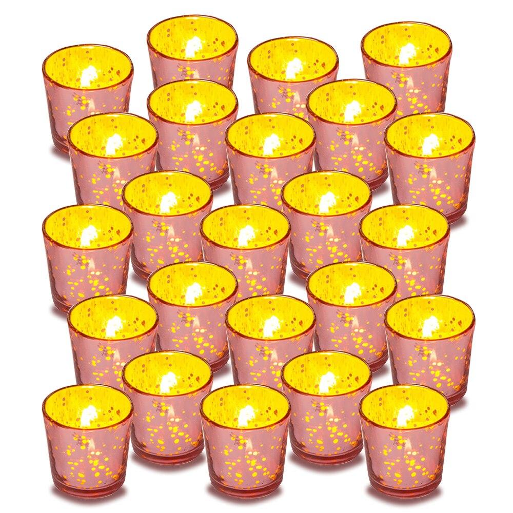 24 Pack | Vintage Mercury Glass Candle Holders (2.5-Inch, Lila Design, Liquid Motif, Rose Gold Pink) - For Use with Tea Lights - For Parties, Weddings and Homes - AsianImportStore.com - B2B Wholesale Lighting and Decor