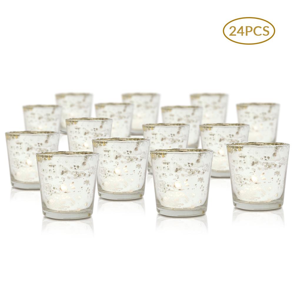24 Pack | Vintage Mercury Glass Candle Holders (2.5-Inch, Lila Design, Liquid Motif, Silver) - For Use with Tea Lights - For Parties, Weddings and Homes - AsianImportStore.com - B2B Wholesale Lighting & Decor since 2002