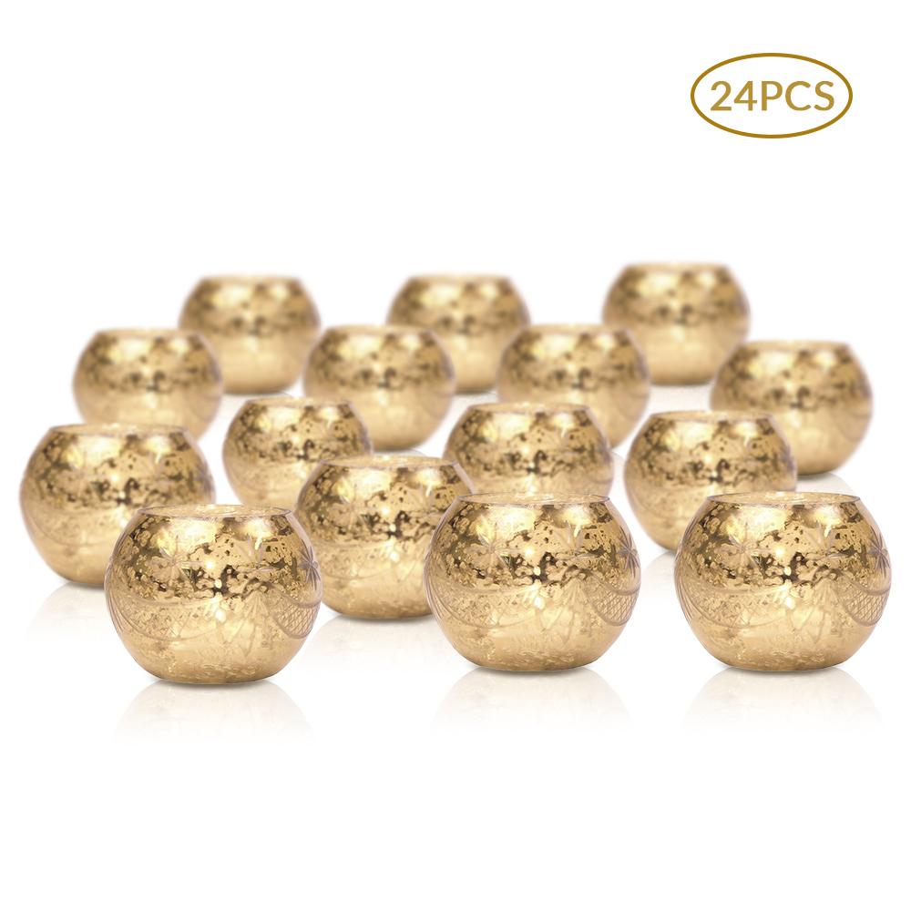 24 Pack | Vintage Mercury Glass Globe Candle Holders (3-Inch, Mary Design, Gold) - For use with Tea Lights - Home Decor, Parties and Wedding Decorations - AsianImportStore.com - B2B Wholesale Lighting and Decor
