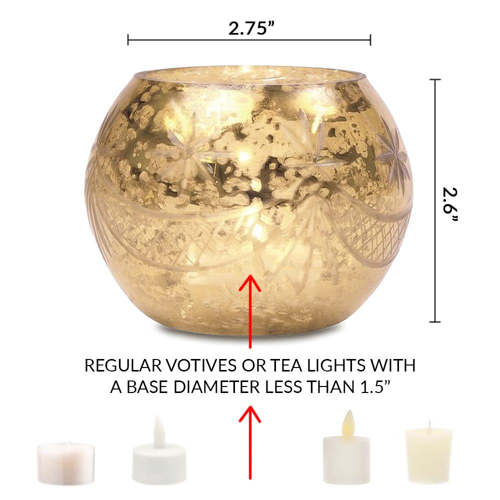 Vintage Mercury Glass Globe Holder (3-Inch, Mary Design, Gold) - For use with Tea Lights - Home Decor, Parties and Wedding Decorations - AsianImportStore.com - B2B Wholesale Lighting and Decor