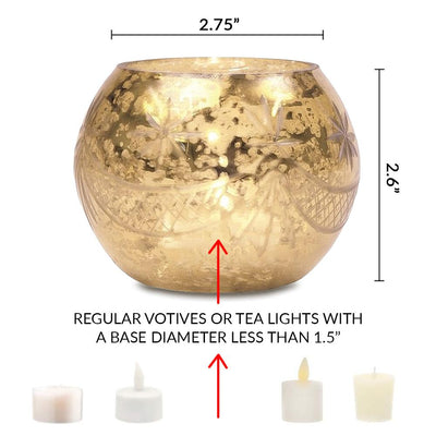 Vintage Mercury Glass Globe Holder (3-Inch, Mary Design, Gold) - For use with Tea Lights - Home Decor, Parties and Wedding Decorations - AsianImportStore.com - B2B Wholesale Lighting and Decor