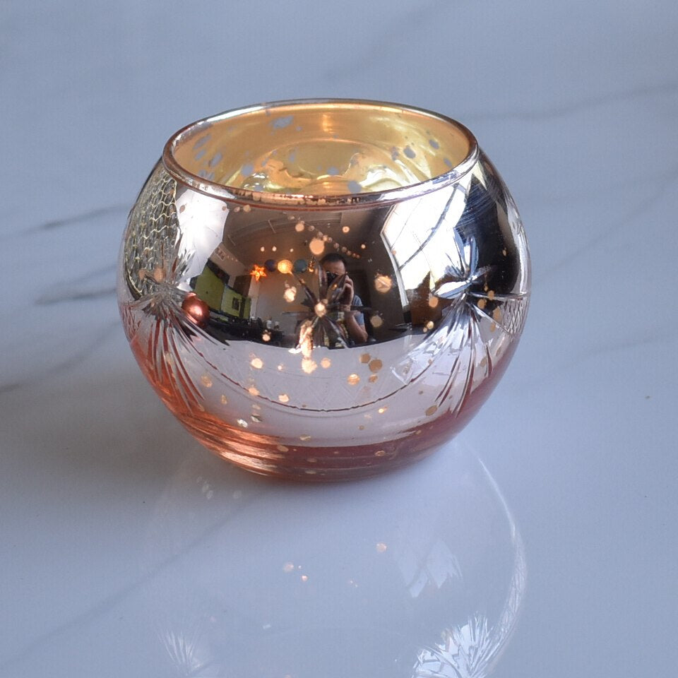 BLOWOUT (20 PACK) Vintage Mercury Glass Globe Holder (3-Inch, Mary Design, Rose Gold Pink) - For use with Tea Lights - Home Decor, Parties and Wedding Decorations