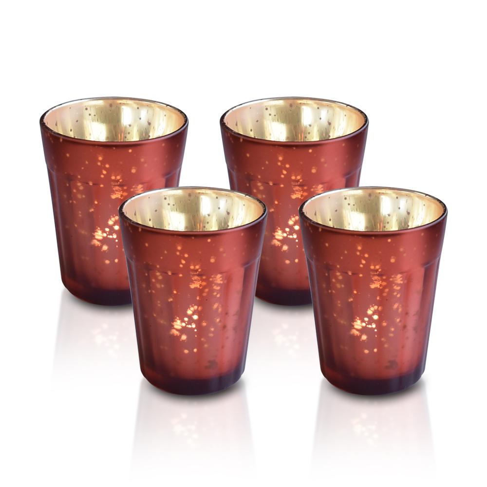 4 Pack | Vintage Mercury Glass Candle Holder (3.25-Inch, Katelyn Design, Column Motif, Rustic Copper Red) - For Use with Tea Lights - AsianImportStore.com - B2B Wholesale Lighting and Decor