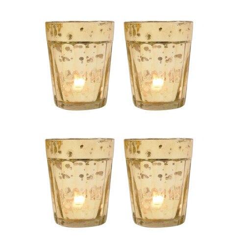 4 Pack | Vintage Mercury Glass Candle Holder (3.25-Inch, Katelyn Design, Column Motif, Gold) - For Use with Tea Lights - AsianImportStore.com - B2B Wholesale Lighting and Decor