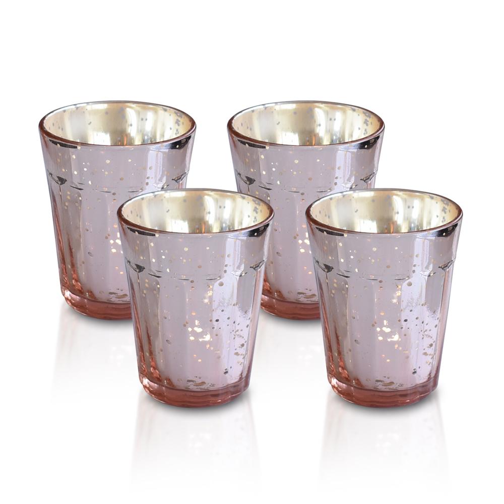 4 Pack | Vintage Mercury Glass Candle Holder (3.25-Inch, Katelyn Design, Column Motif, Rose Gold Pink) - For Use with Tea Lights - AsianImportStore.com - B2B Wholesale Lighting and Decor