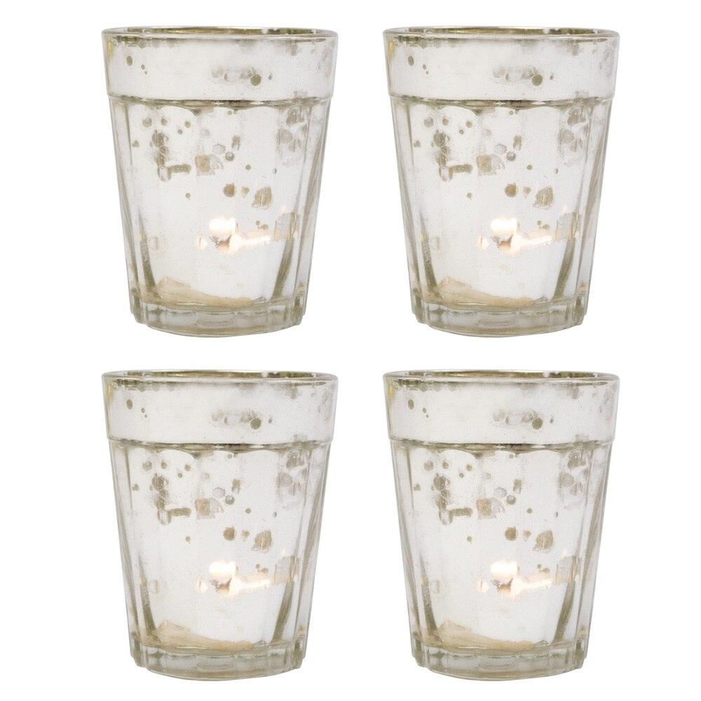4 Pack | Vintage Mercury Glass Candle Holder (3.25-Inch, Katelyn Design, Column Motif, Silver) - For Use with Tea Lights - For Home Decor, Parties, and Wedding Decorations - AsianImportStore.com - B2B Wholesale Lighting and Decor