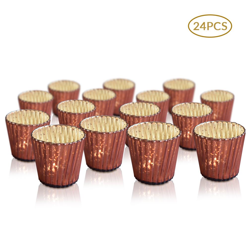 24 Pack | Vintage Mercury Glass Candle Holders (3-Inch, Caroline Design, Vertical Motif, Rustic Red Copper) - For use with Tea Lights - Home Decor, Parties and Wedding Decorations - AsianImportStore.com - B2B Wholesale Lighting and Decor