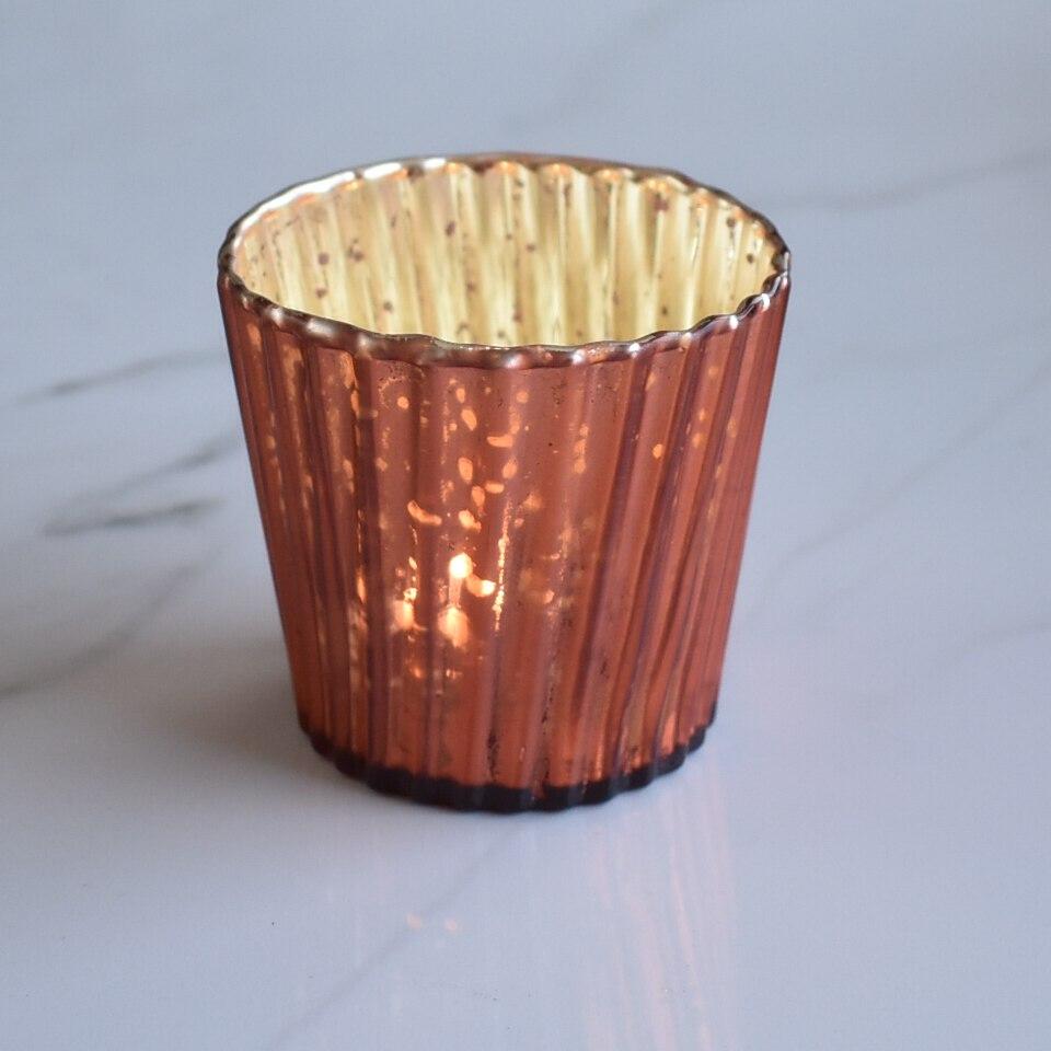 Vintage Mercury Glass Candle Holder (3-Inch, Caroline Design, Vertical Motif, Rustic Copper Red) - For use with Tea Lights - Home Decor, Parties and Wedding Decorations - AsianImportStore.com - B2B Wholesale Lighting and Decor