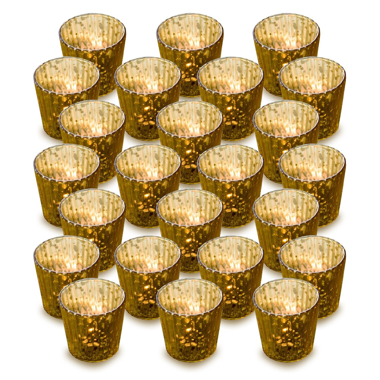 24 Pack | Vintage Mercury Glass Candle Holders (3-Inch, Caroline Design, Vertical Motif, Gold) - For use with Tea Lights - Home Decor, Parties and Wedding Decorations - AsianImportStore.com - B2B Wholesale Lighting & Decor since 2002