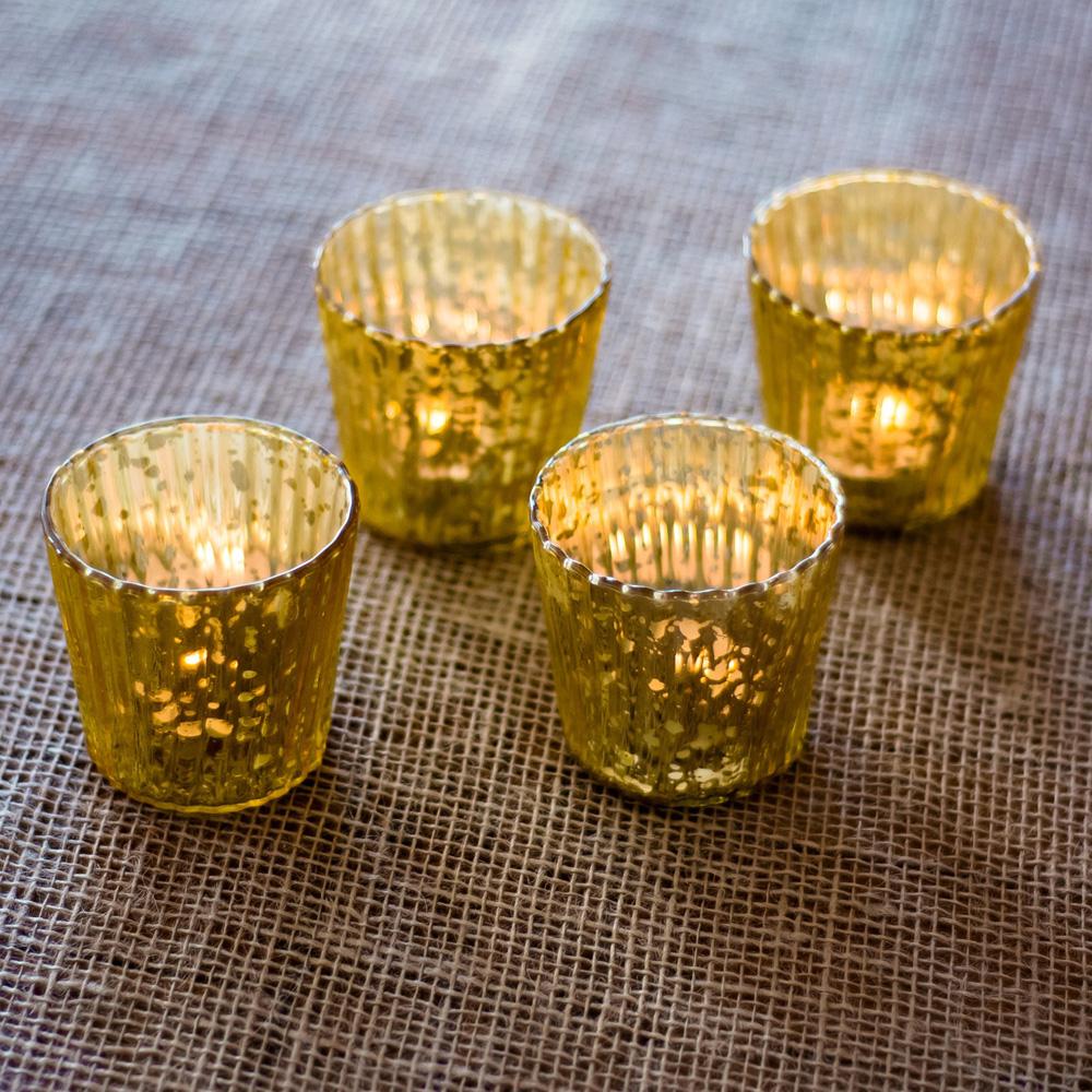 4 Pack | Vintage Mercury Glass Candle Holders (3-Inch, Caroline Design, Vertical Motif, Gold) - For use with Tea Lights - Home Decor, Parties and Wedding Decorations - AsianImportStore.com - B2B Wholesale Lighting & Decor since 2002