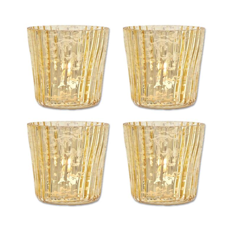 4 Pack | Vintage Mercury Glass Candle Holders (3-Inch, Caroline Design, Vertical Motif, Gold) - For use with Tea Lights - Home Decor, Parties and Wedding Decorations - AsianImportStore.com - B2B Wholesale Lighting & Decor since 2002