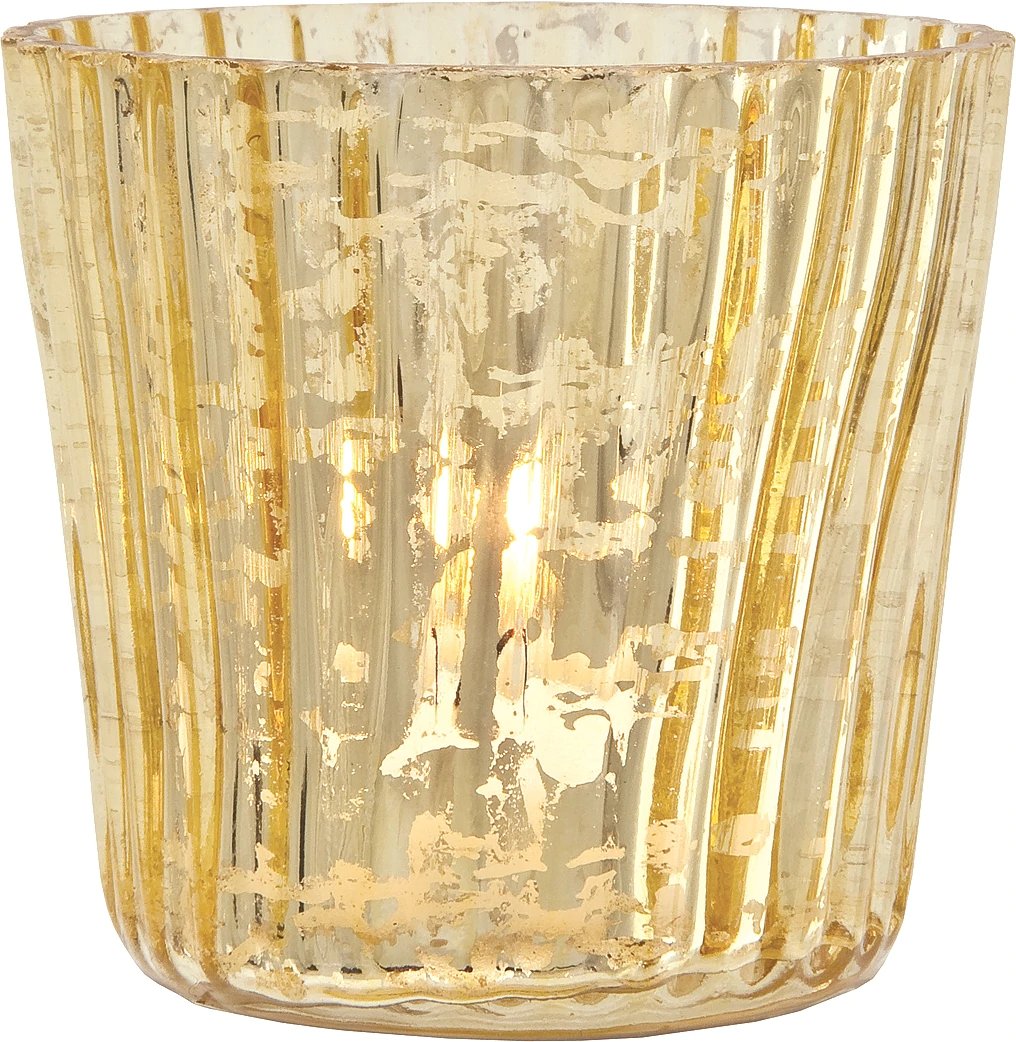 Vintage Mercury Glass Candle Holder (3-Inch, Caroline Design, Vertical Motif, Gold) - For use with Tea Lights - Home Decor, Parties and Wedding Decorations - AsianImportStore.com - B2B Wholesale Lighting & Decor since 2002