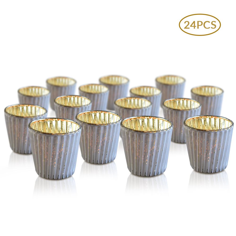 24 Pack | Vintage Mercury Glass Candle Holders (3-Inch, Caroline Design, Vertical Motif, Antique White) - For use with Tea Lights - Home Decor, Parties and Wedding Decorations - AsianImportStore.com - B2B Wholesale Lighting and Decor