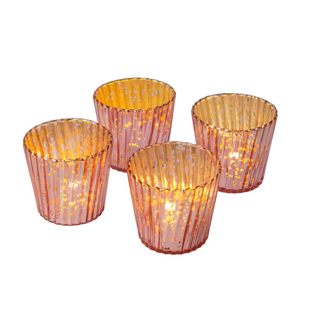 4 Pack | Vintage Mercury Glass Candle Holders (3-Inch, Caroline Vertical Design, Rose Gold Pink) - For use with Tea Lights - Home Decor, Parties and Wedding Decorations - AsianImportStore.com - B2B Wholesale Lighting and Decor