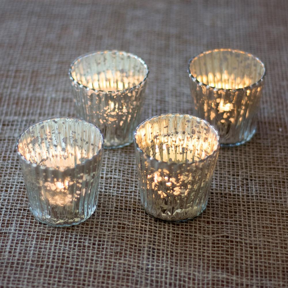 4 Pack | Vintage Mercury Glass Candle Holders (3-Inch, Caroline Design, Vertical Motif, Silver) - For use with Tea Lights - Home Decor, Parties and Wedding Decorations - AsianImportStore.com - B2B Wholesale Lighting and Decor